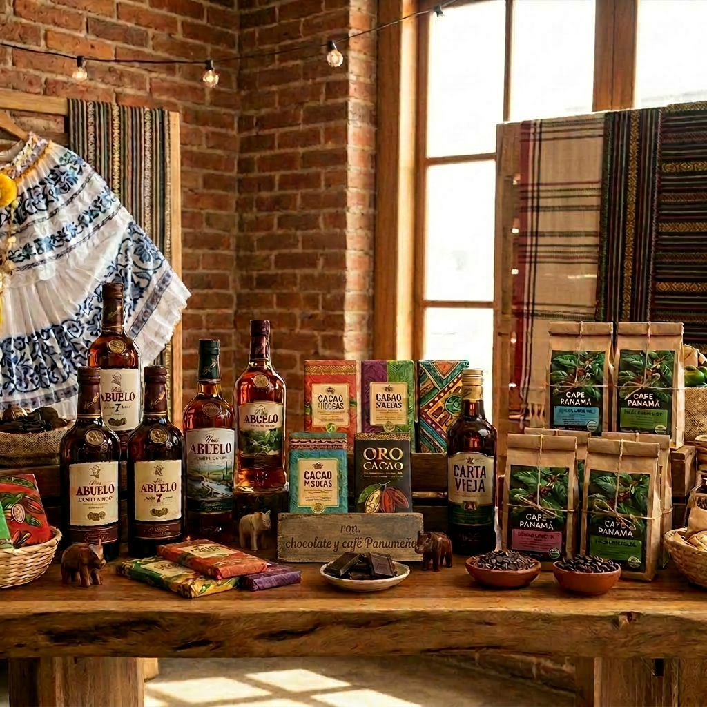 Display of Panamanian coffee, chocolate bars, and rum bottles with traditional textiles